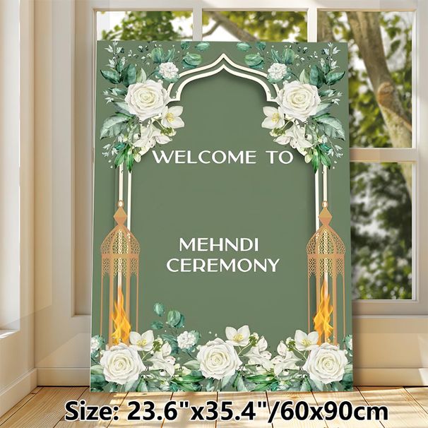 Mehndi Ceremony Welcome Painting Poster, Soft Green Watercolor Floral & Golden Lantern Poster, Elegant Decorative Sign Ideal For Mehndi Ceremony_maomaolike.com