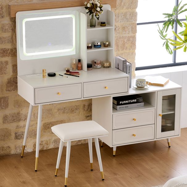 Modern Makeup Vanity Desk With Mirror And Lights, Retractable Dressing Table With Drawers And Cabinet, Compact Makeup Table Set With Power Outlet For Bedroom, White_maomaolike.com