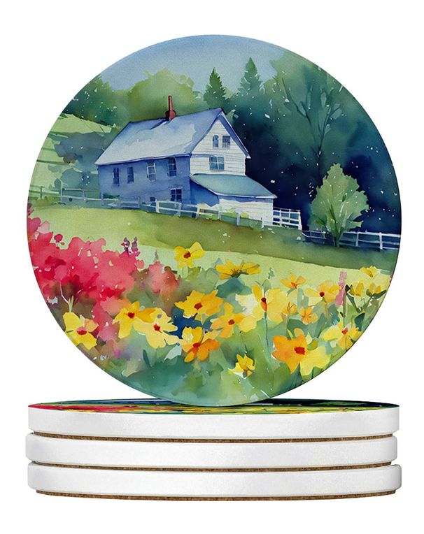 Massachusetts Mayflowers In Watercolor Large Sandstone Coasters Pack Of 4 Absorbent Round Coasters Decor Gifts For Men Or Women, 4 In, Multicolor_maomaolike.com