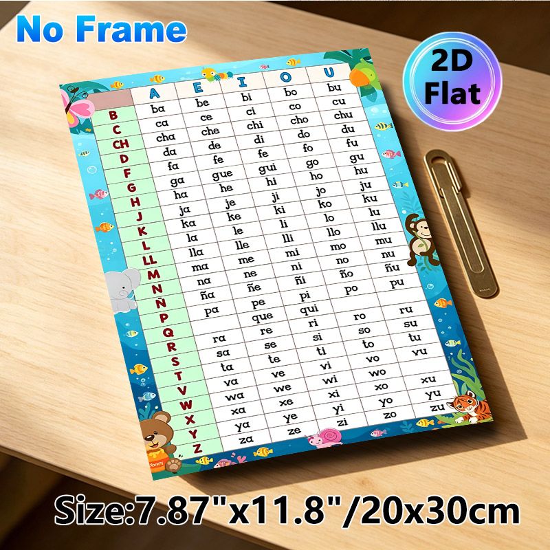 Spanish Phonics Chart Painting Poster, Colorful Cartoon Animal & Underwater Scene Poster, Practical For Spanish Pronunciation Learning, Ideal For_maomaolike.com