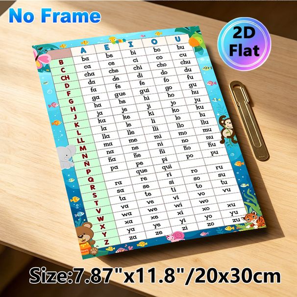 Spanish Phonics Chart Painting Poster, Colorful Cartoon Animal & Underwater Scene Poster, Practical For Spanish Pronunciation Learning, Ideal For_maomaolike.com