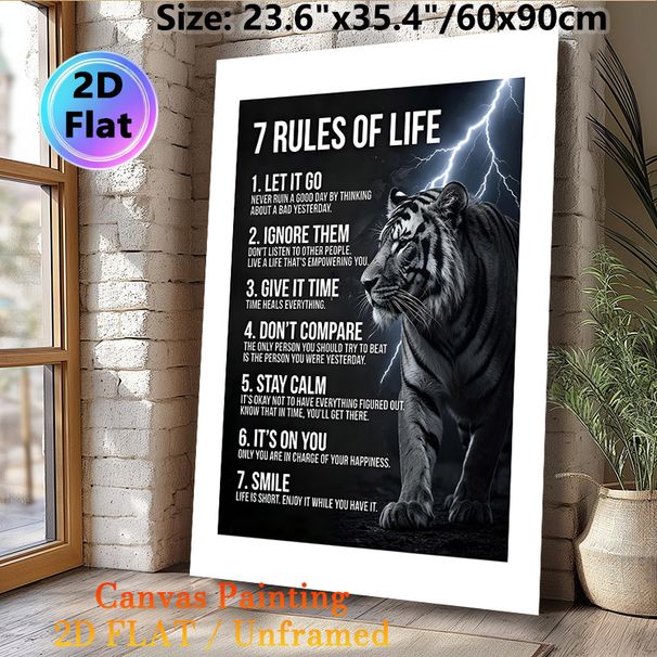 7 Rules Of Life Tiger Motivational Painting Poster, Monochrome Dramatic Lightning & Tiger Scene Poster, Uplifting Life Guidance Decor Idea For Home_maomaolike.com