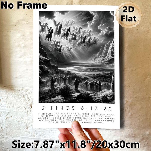 Biblical 2 Kings 6:17-20 Painting Poster, Dramatic Monochrome Religious Scene Poster, Inspirational Artwork Featuring Angelic Horses And Chariots_maomaolike.com
