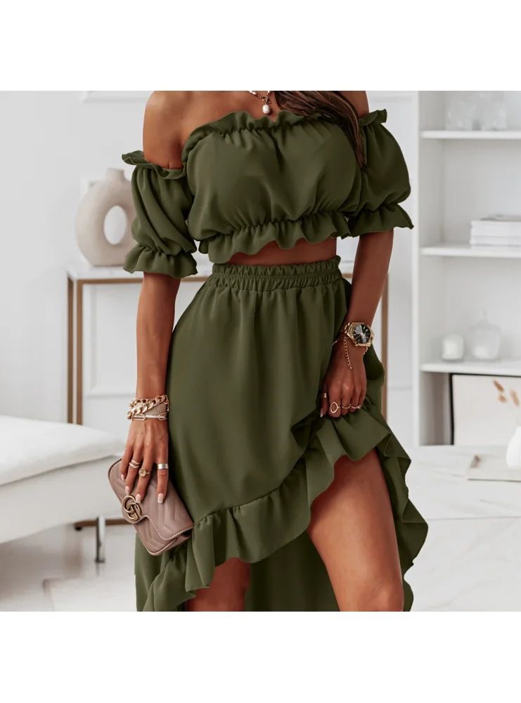 Women's Clothing new one-shoulder ruffle skirt suit casual irregular short-sleeved two-piece suit_maomaolike.com