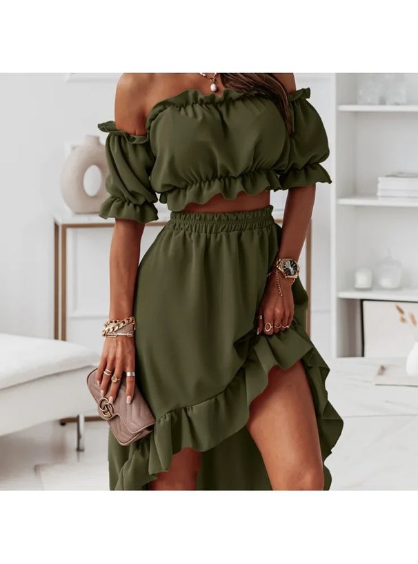 Women's Clothing new one-shoulder ruffle skirt suit casual irregular short-sleeved two-piece suit_maomaolike.com