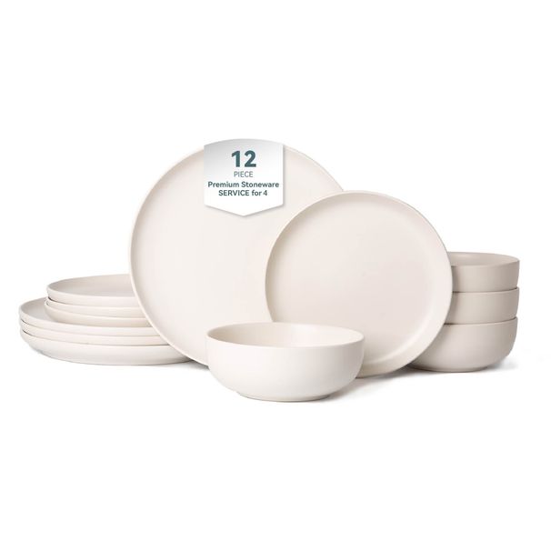 12-Piece Stoneware Dinner Plates Bowls Sets | Microwave & Dishwasher Safe | Non-Toxic Dinner Plates Bowls Set | Stackable Matte Glaze Kitchenware For 4_maomaolike.com