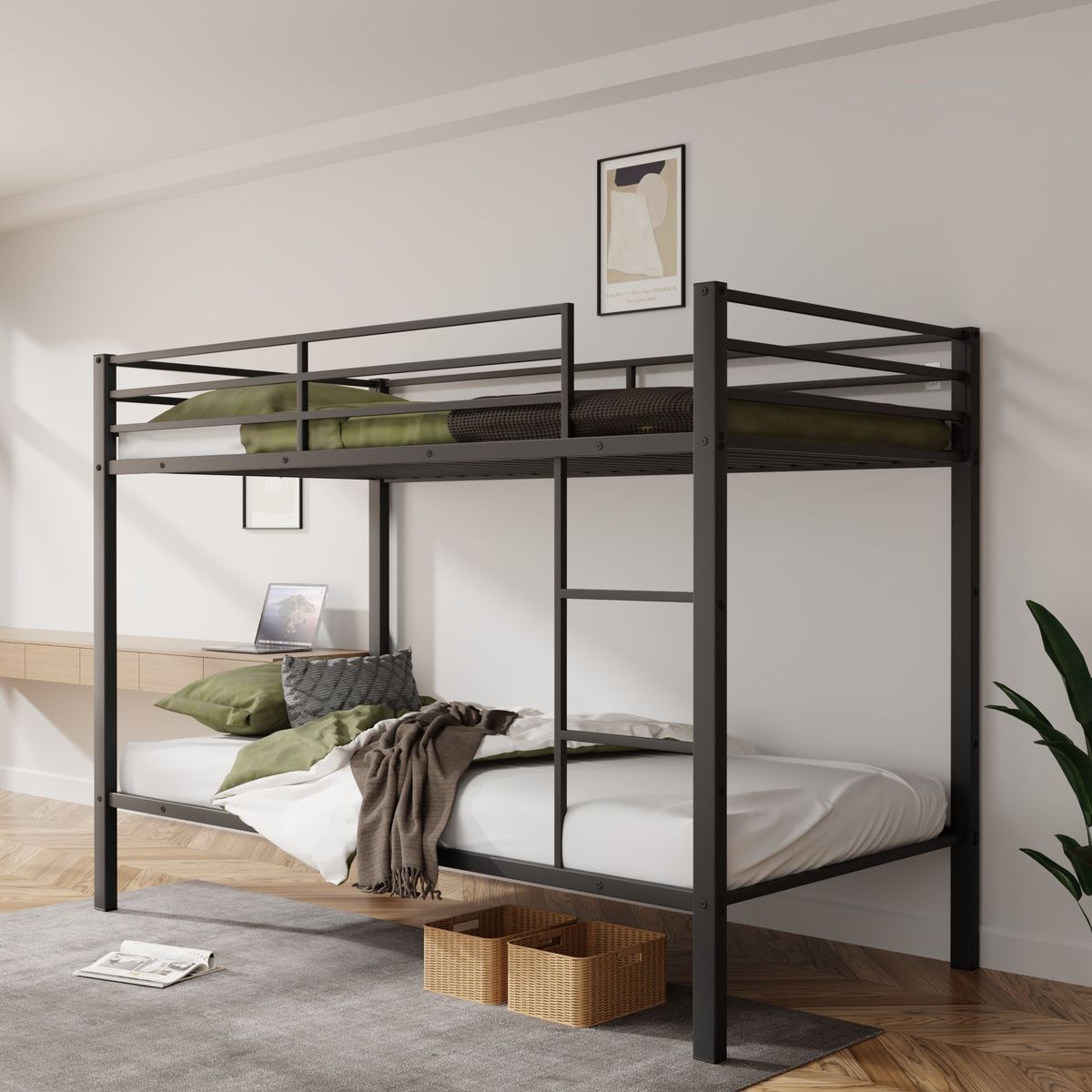 Metal Bunk Bed Twin Over Twin, Low Profile Bunk Bed Frame WithBuilt-in Ladder, High Guardrail And Metal Slats, Space-Saving Twin Size Bed Frame For Kids Teens, No Box Spring Required, Black_maomaolike.com