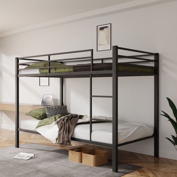 Metal Bunk Bed Twin Over Twin, Low Profile Bunk Bed Frame WithBuilt-in Ladder, High Guardrail And Metal Slats, Space-Saving Twin Size Bed Frame For Kids Teens, No Box Spring Required, Black_maomaolike.com