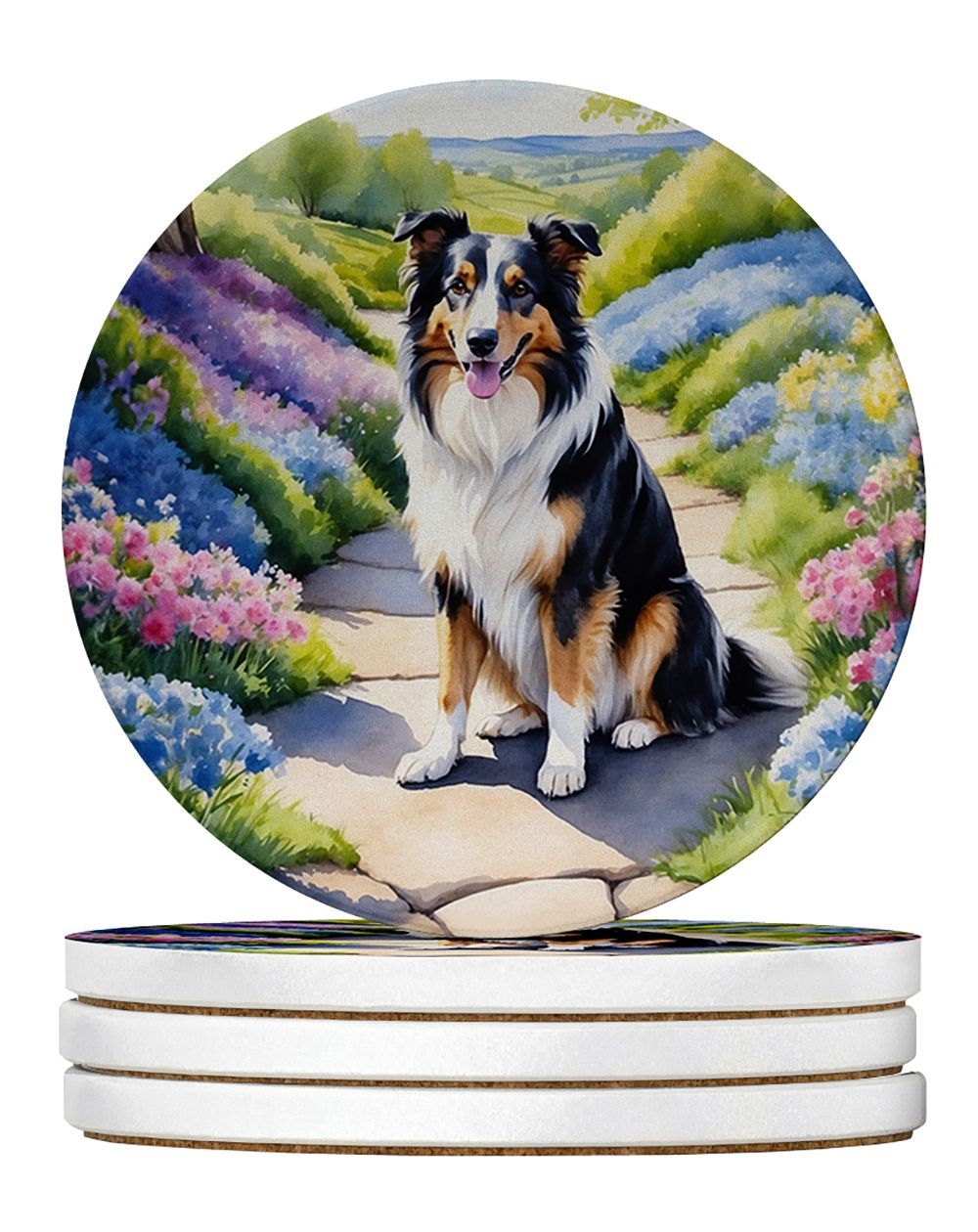 Collie Spring Path Large Sandstone Coasters Pack Of 4 Absorbent Round Coasters Decor Gifts For Men Or Women, 4 In, Multicolor_maomaolike.com