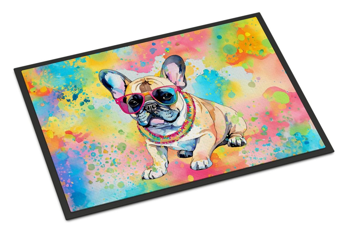 French Bulldog Hippie Dawg Doormat Front Door Mat Indoor Outdoor Rugs For Entryway, Non Slip Washable Low Pile, 24H X 36W_maomaolike.com