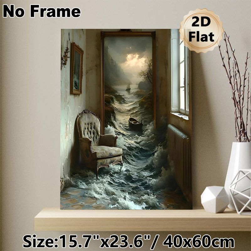 Surreal Coastal Interior Painting Poster, Dramatic Surreal Scene With Waves Spilling From Artwork Into Room Poster, Unique Immersive Decor Ideal For_maomaolike.com
