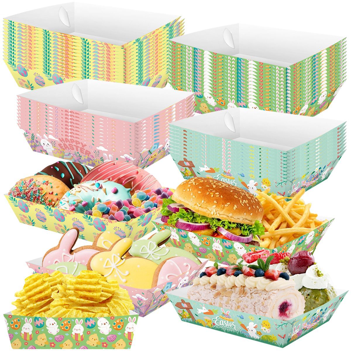 12 PCS Easter Paper Snack Trays 4 Styles Happy Easter Disposable Food Boats Bunny Easter Chicks Pattern Serving Tray For Easter Holiday Spring Themed Party Supplies_maomaolike.com