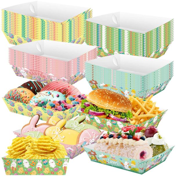 12 PCS Easter Paper Snack Trays 4 Styles Happy Easter Disposable Food Boats Bunny Easter Chicks Pattern Serving Tray For Easter Holiday Spring Themed Party Supplies_maomaolike.com