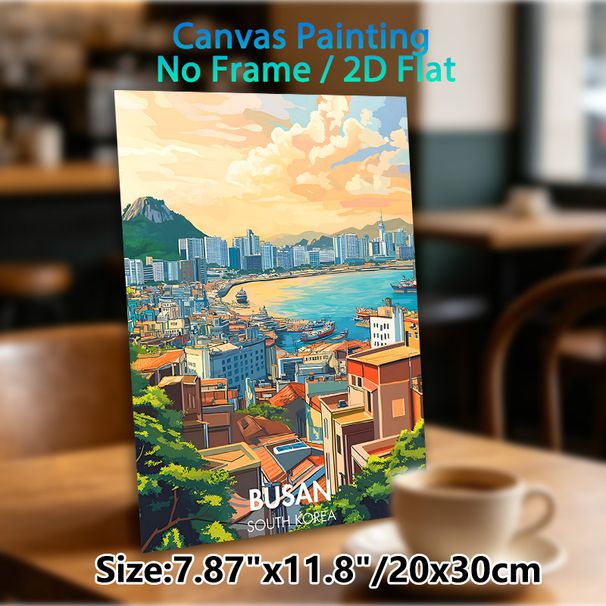 Busan South Korea Cityscape Painting Poster, Warm-toned Vibrant Coastal Urban Scene Poster, Charming Harbor & Mountain Skyline To Add Urban Flair_maomaolike.com