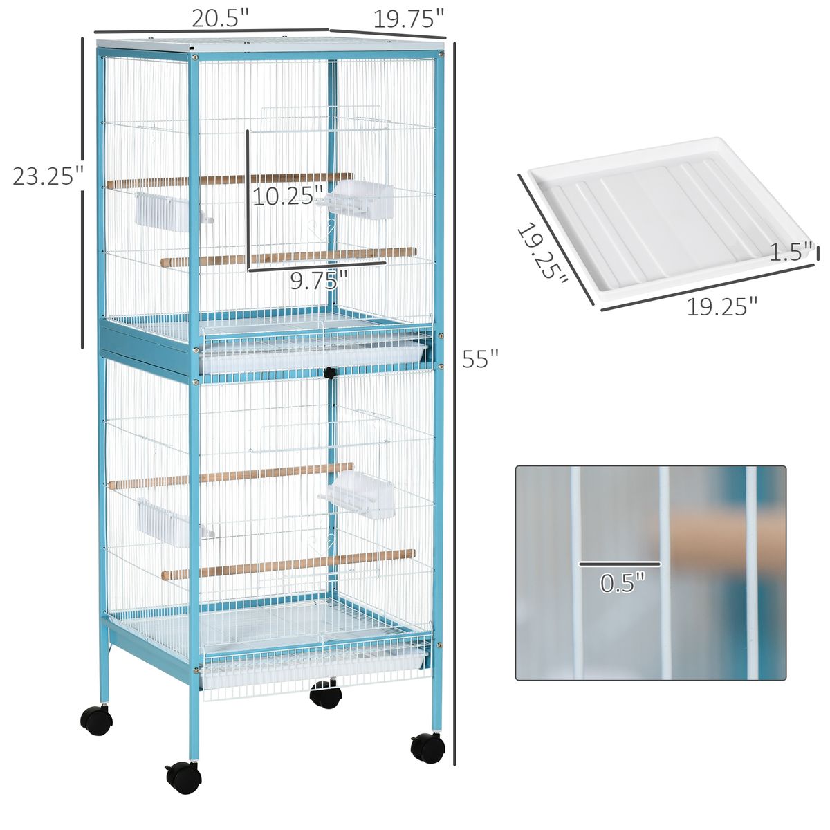 55" 2 In 1 Bird Cage Aviary Parakeet House For Finches, Budgies With Wheels, Light Blue_maomaolike.com