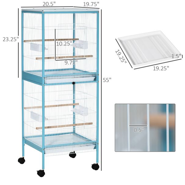 55" 2 In 1 Bird Cage Aviary Parakeet House For Finches, Budgies With Wheels, Light Blue_maomaolike.com
