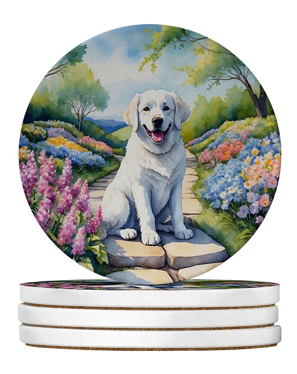 Kuvasz Spring Path Large Sandstone Coasters Pack Of 4 Absorbent Round Coasters Decor Gifts For Men Or Women, 4 In, Multicolor_maomaolike.com
