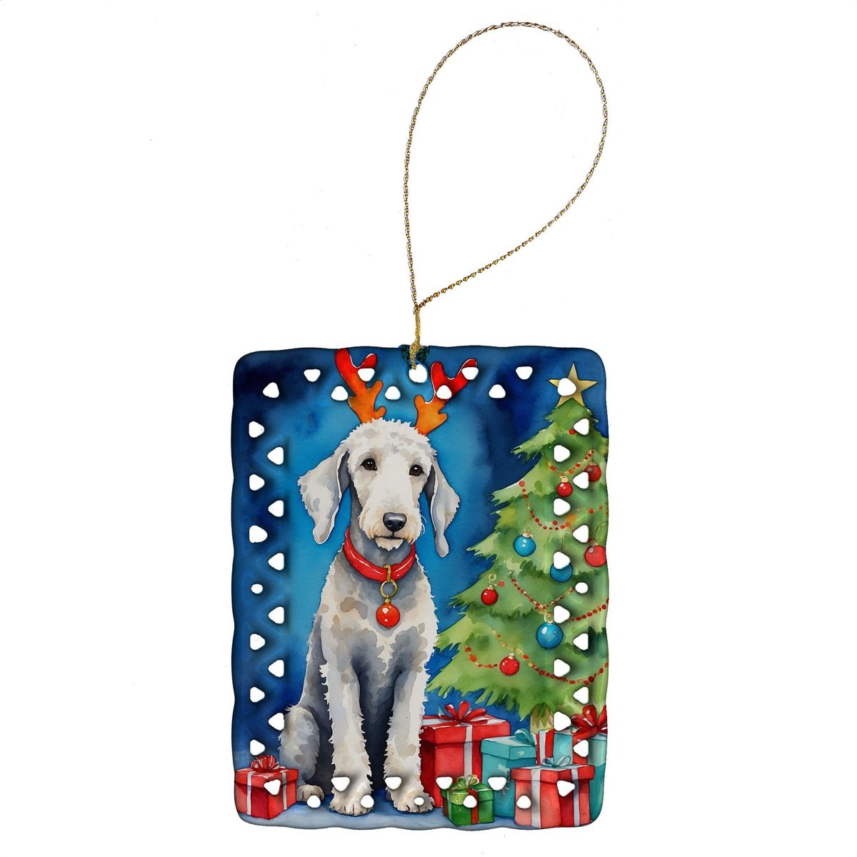 Bedlington Terrier Christmas Reindeer Porcelain Ornament Christmas Tree Hanging Decorations For Home Christmas Holiday, Rectangle, Gift, Multicolor_maomaolike.com
