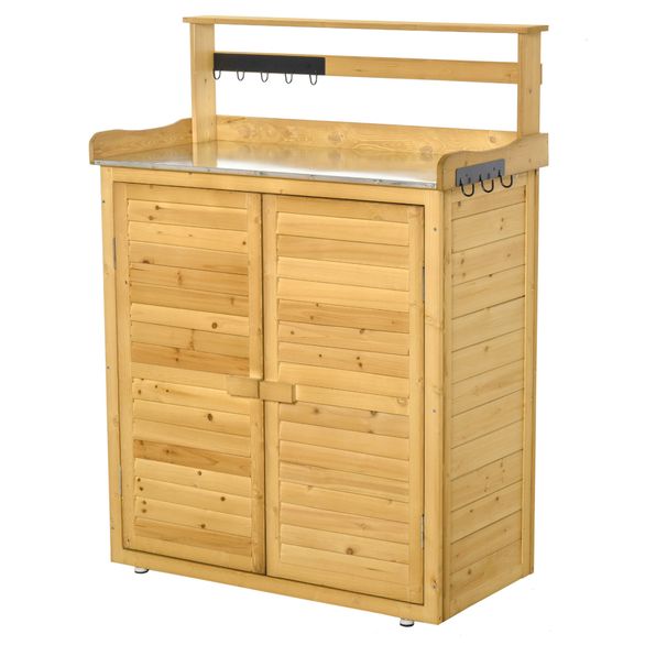 Wooden Potting Bench 3-Tier Storage Cabinet Work Station Table Lockable Organizer With Magnetic Latch Hooks Foot Pads 34.25L Yellow_maomaolike.com