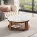 Modern Large Round Ottoman Coffee Table 2-Tier Oversized Button Tufted Ottoman With Wood Shelf Storage Upholstered Coffee Table For Living Room Footrest Ottoman With Wheel, Waterproof Linen_maomaolike.com