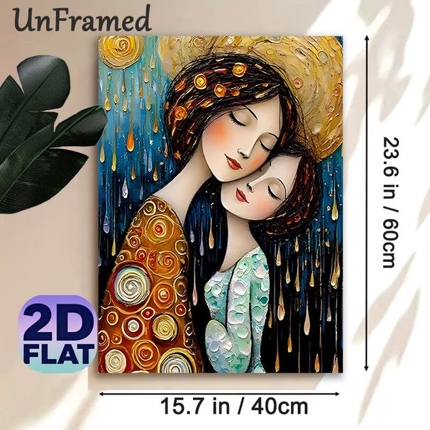 Mother & Daughter Embrace Painting Poster, Rich Textured Ornate Artistic Poster, Heartwarming Affectionate Decorative Piece Ideal For Living Room_maomaolike.com