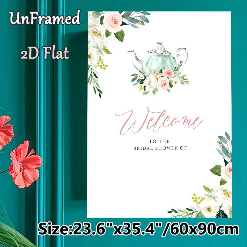 Bridal Shower Welcome Painting Poster, Soft Watercolor Floral & Teapot Poster, Elegant Welcome Decor Suitable For Bridal Shower Gatherings_maomaolike.com