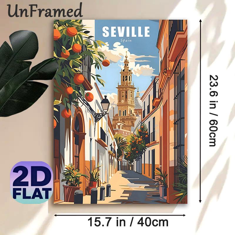 Seville Spain Cityscape Painting Poster, Vibrant Retro Sunlit Street With Orange Trees & Historic Tower Poster, Captures Classic Spanish Charm, Ideal_maomaolike.com