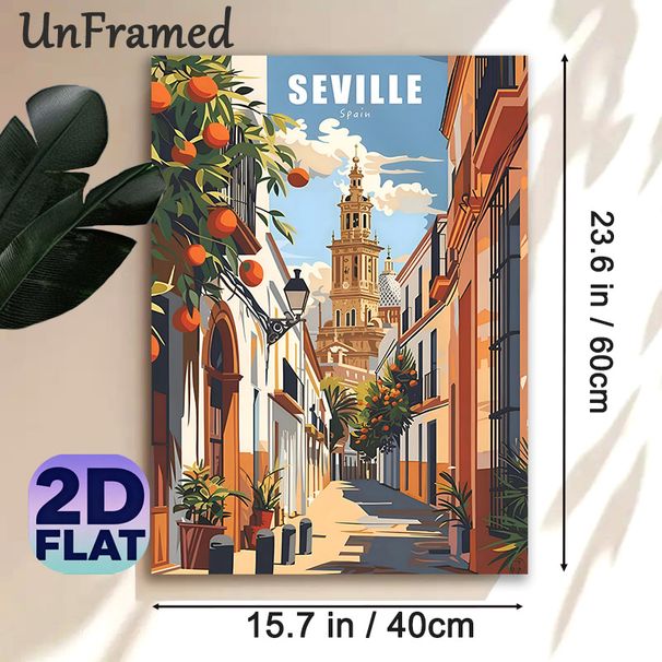 Seville Spain Cityscape Painting Poster, Vibrant Retro Sunlit Street With Orange Trees & Historic Tower Poster, Captures Classic Spanish Charm, Ideal_maomaolike.com