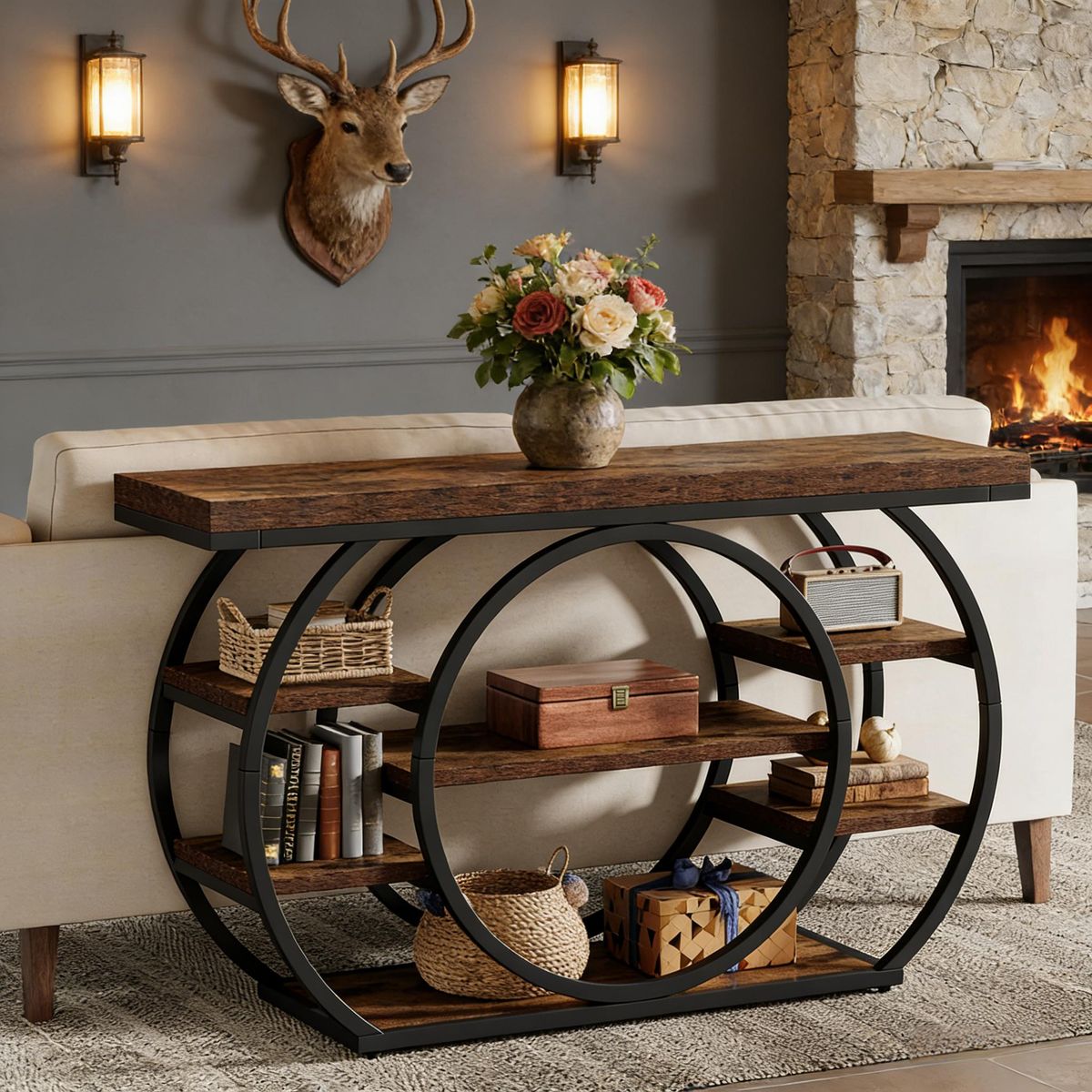 Console Table, 5-Tier Industrial Sofa Table With Metal Frame_maomaolike.com