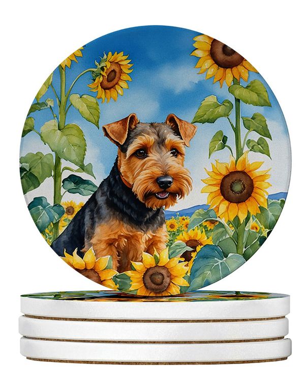 Welsh Terrier In Sunflowers Large Sandstone Coasters Pack Of 4 Absorbent Round Coasters Decor Gifts For Men Or Women, 4 In, Multicolor_maomaolike.com
