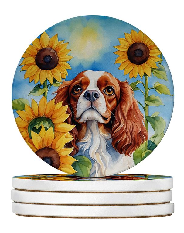 Cavalier Spaniel In Sunflowers Large Sandstone Coasters Pack Of 4 Absorbent Round Coasters Decor Gifts For Men Or Women, 4 In, Multicolor_maomaolike.com