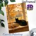 Autumn Window Cat Painting Poster, Warm-toned Idyllic Scene Poster, Cozy Tranquil Autumn View With Black Cat, Falling Leaves And Birds, Ideal For_maomaolike.com