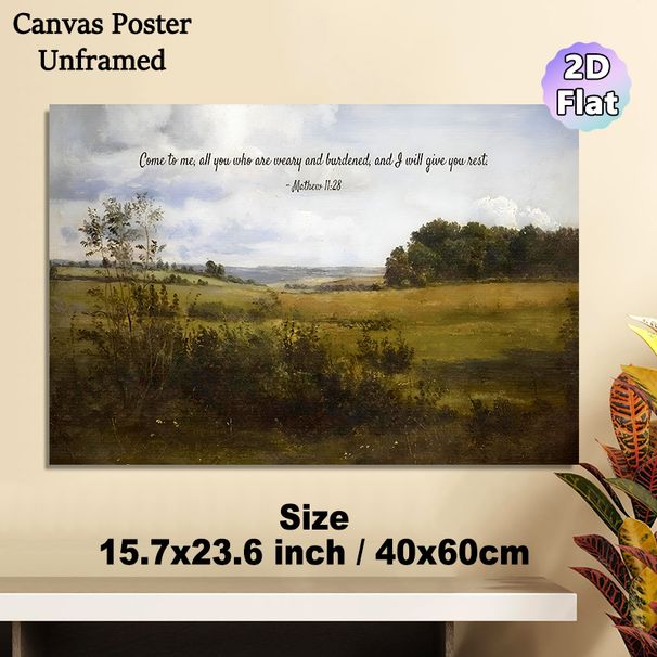 Biblical Verse Countryside Painting Poster, Serene Vintage Pastoral Landscape Poster, Soothing Scripture Quote Creates Tranquil Atmosphere, Ideal For_maomaolike.com