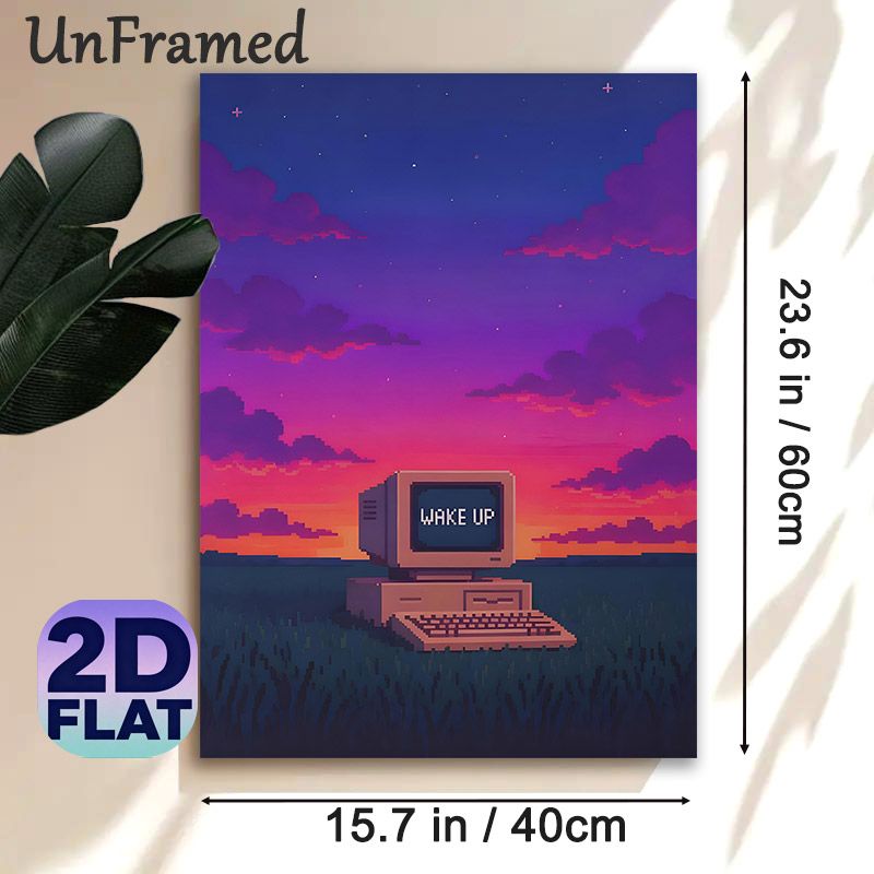 Retro Computer Pixel Art Painting Poster, Vibrant Sunset Sky Pixelated Nostalgic Scene Poster, Unique Nostalgic Vibe Ideal For Home Office, Bedroom_maomaolike.com