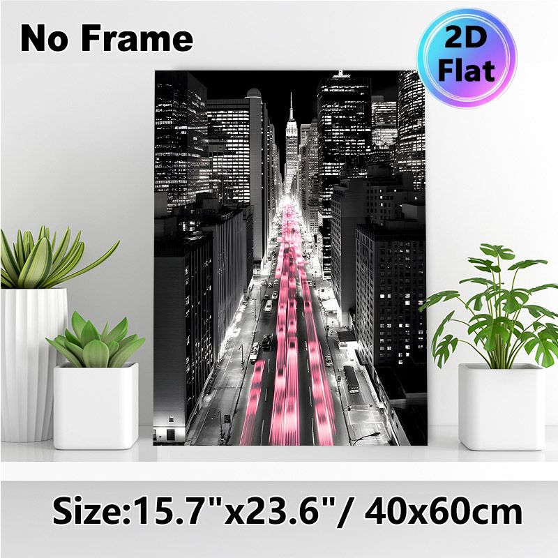 Urban Night Cityscape Painting Poster, Monochrome With Vivid Pink Light Trails Poster, Dynamic Downtown Night Scene With Skyscrapers, Brings Modern_maomaolike.com
