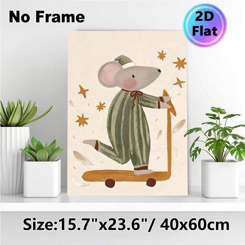 Sleepy Mouse Painting Poster, Warm-toned Cute Hand-drawn Poster, Whimsical Night-themed Design With Mouse In Striped Nightwear Riding Scooter, Ideal_maomaolike.com