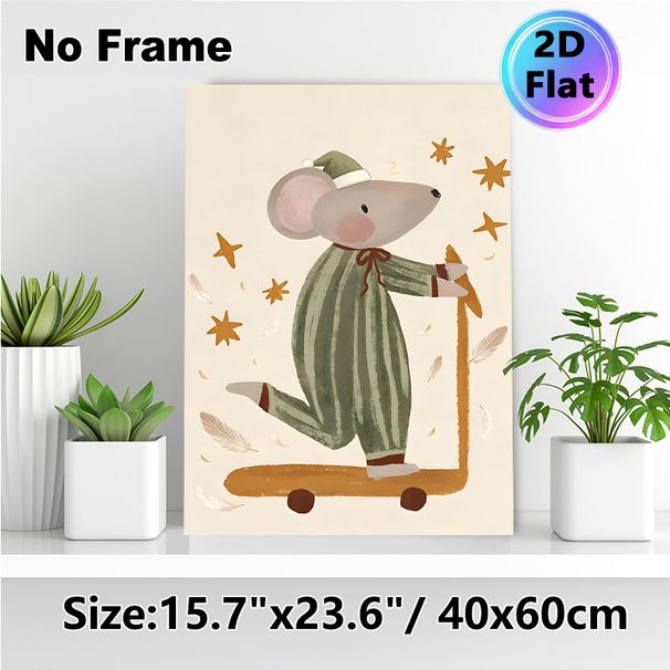 Sleepy Mouse Painting Poster, Warm-toned Cute Hand-drawn Poster, Whimsical Night-themed Design With Mouse In Striped Nightwear Riding Scooter, Ideal_maomaolike.com