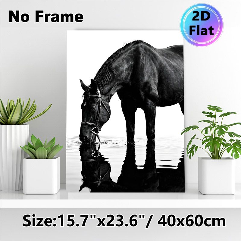 Black Horse Drinking Painting Poster, Monochrome Realistic Horse & Water Reflection Poster, Tranquil Elegant Wall Art, Suitable For Living Room_maomaolike.com