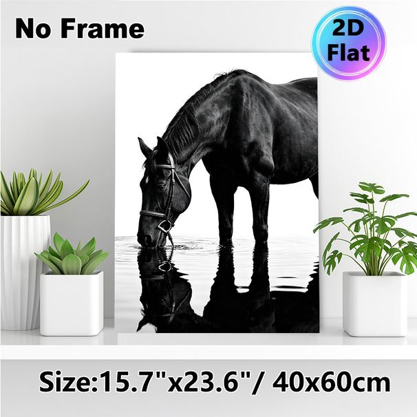 Black Horse Drinking Painting Poster, Monochrome Realistic Horse & Water Reflection Poster, Tranquil Elegant Wall Art, Suitable For Living Room_maomaolike.com