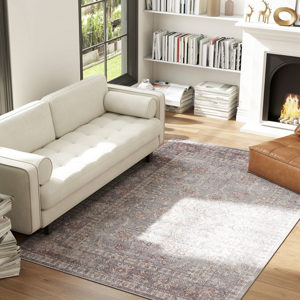 Machine Washable Area Rug 5x7, Non-Slip Traditional Flower Print Floor Carpet For Living Room, Bedroom, Grey And Brown_maomaolike.com