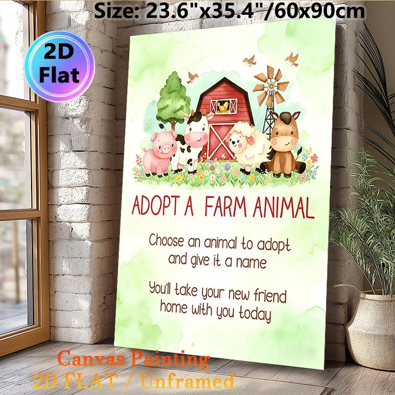 Adopt A Farm Animal Painting Poster, Soft Watercolor Cute Farm Animals & Barn Scene Poster, Fun Interactive Design Ideal For Animal-themed Parties And_maomaolike.com