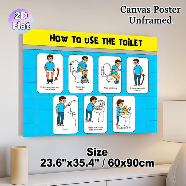 Toilet Usage Guide Painting Poster, Bright Cartoon Step-by-Step Instruction Poster, Clear Visual Guide For Proper Toilet Habits, Ideal For Bathroom_maomaolike.com