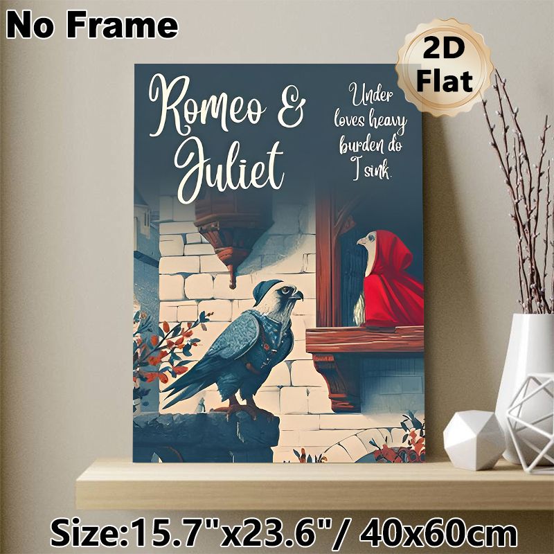 Romeo & Juliet Themed Painting Poster, Whimsical Anthropomorphic Bird Balcony Scene Poster, Literary-themed Decor Suitable For Living Room, Study Or_maomaolike.com