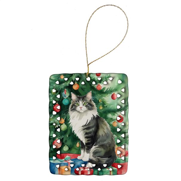 Norwegian Forest Cat By The Christmas Tree Porcelain Ornament Christmas Tree Hanging Decorations For Home Christmas Holiday, Rectangle, Gift, Multicolor_maomaolike.com