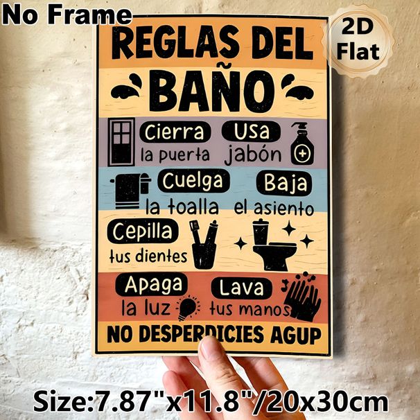 Bathroom Rules Painting Poster, Vintage Color-blocked Spanish-style Bathroom Guidelines Poster, Provides Clear Bathroom Etiquette Reminders, Ideal For_maomaolike.com