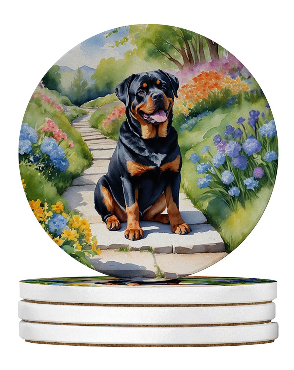 Rottweiler Spring Path Large Sandstone Coasters Pack Of 4 Absorbent Round Coasters Decor Gifts For Men Or Women, 4 In, Multicolor_maomaolike.com