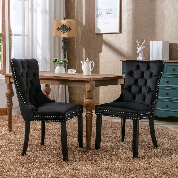 Nikki Collection Modern Tufted Velvet Dining Chairs With Solid Wood Legs And Nailhead Trim, Set Of 2, Black_maomaolike.com