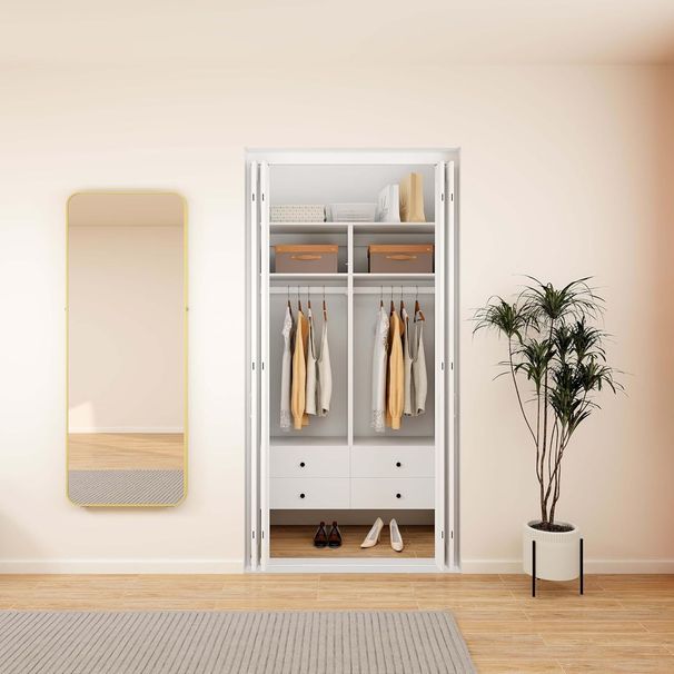 Closet Organizer System With Drawers,Walk In Closet Organizers And Storage, Wardrobe Closet With Closet Shelves, DIY Wooden Clothing Racks For Hanging Clothes (47" W X 16" D X 71" H)_maomaolike.com