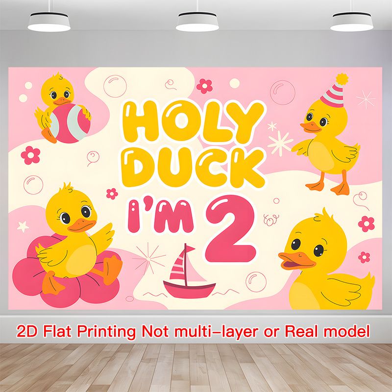 2nd Birthday Party Banner - 2D Flat Polyester Backdrop With Little Yellow Duck Theme, Wall Hanging Photo Props, Party Decor_maomaolike.com