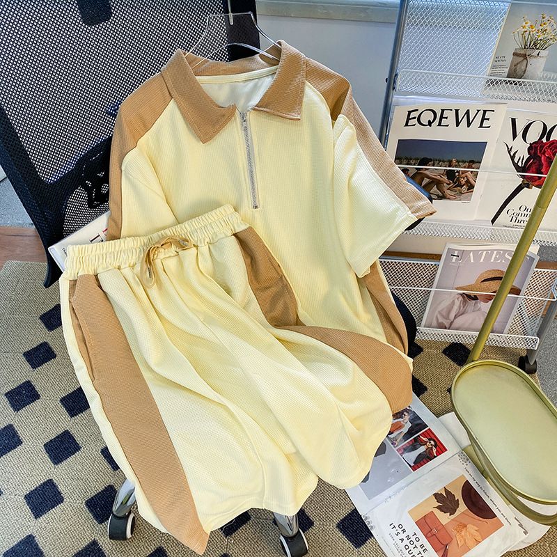 Men's Clothing Waffle sports suit summer men's clothing color matching lapel short sleeved T shirt set with handsome casual shorts_maomaolike.com